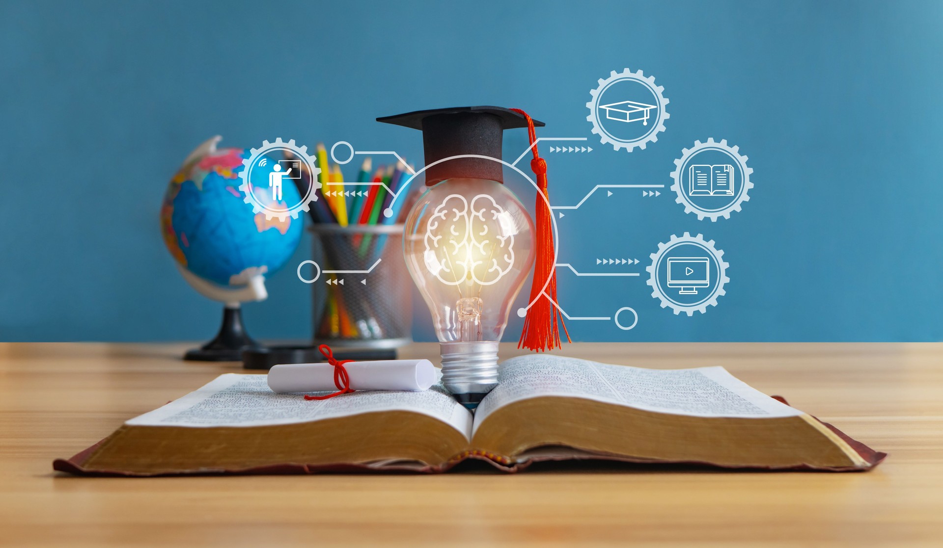 E-learning education,Innovative learning, creative educational study concept for graduation, global business study, abroad educational, and Back to School.